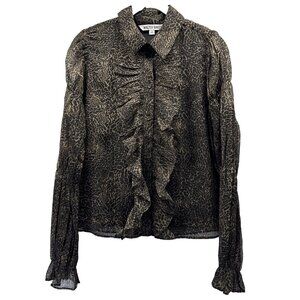 Walter Baker Women's Blouse XS Leopard Ruffles Sheer Long Puff Sleeve Lined Dark
